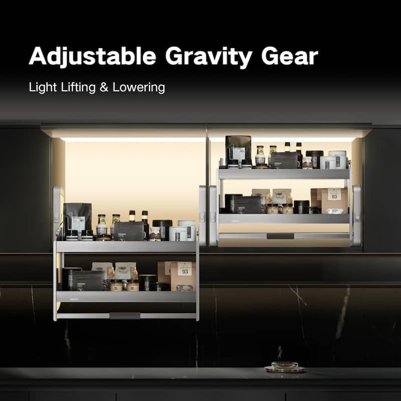 HIGOLD Shearer 2-Tier Pull Down Cabinet Organizer 35.4" Aluminium Kitchen Storage Shelf - 34.57"W x 11.14"D x 20.59"H