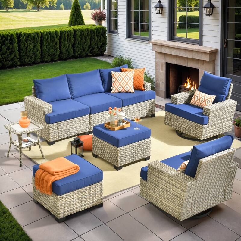 XIZZI 8-piece Wicker Patio Furniture Set with Swivel Chairs - Navy Blue