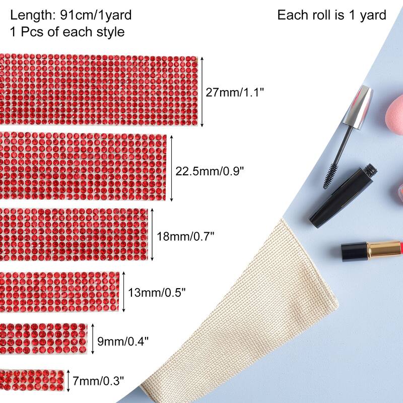 6 Rolls Self-Adhesive Rhinestone Ribbon for DIY Arts Craft - Red