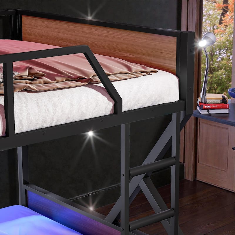 Metal Bunk Bed with Storage Shelves and LED Lights, Space Saving Noise Free Bunk Bed Frame with Guardrails