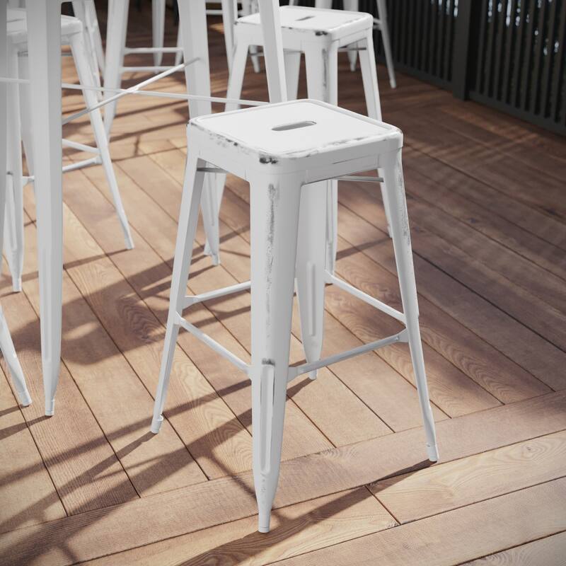 30" High Backless Distressed Metal Indoor-Outdoor Barstool - Patio Chair - White