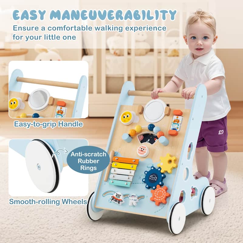 Green MDF Space-Themed Baby Walker with 8-in-1 Activity - 14" L x 13" W x 18.5" H