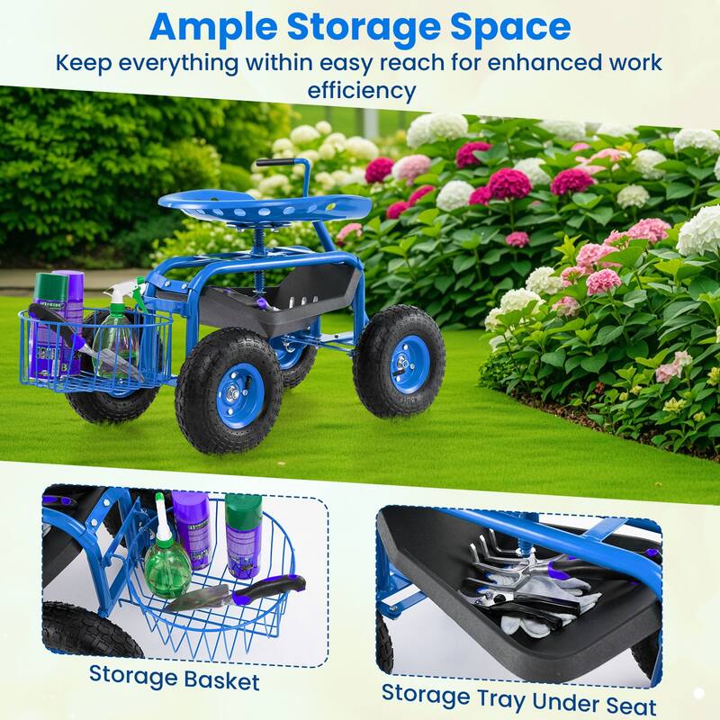 Gymax Rolling Garden Cart Scooter w/ Adjustable Seat Storage Basket