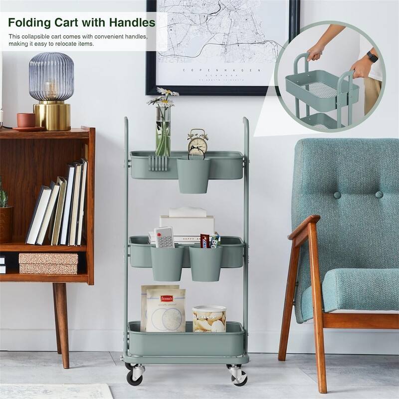 3 Tier Foldable Rolling Cart - 15"D x 17.2"W x 36.6"H