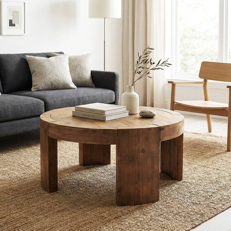 Solid Wood Round Coffee Table, 31.5 Inch Farmhouse Circle Center Cocktail Table