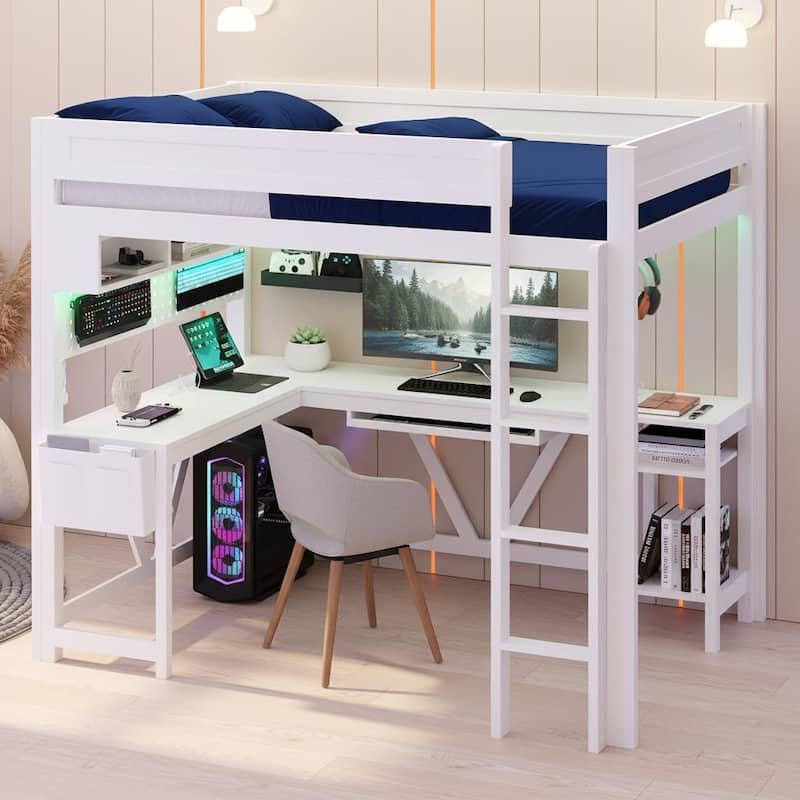 Full Size Gaming Loft Bed with LED Lighting, Built-in Desk, Storage & Charging Ports by Harper&Bright Designs