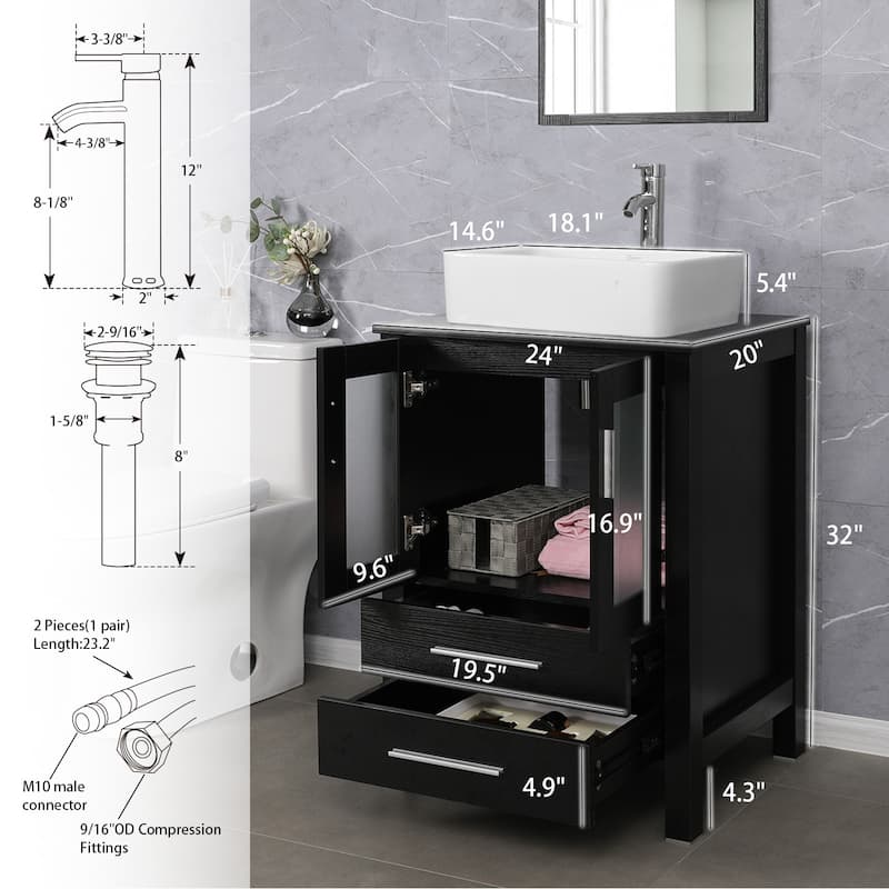 eclife 24" Classical Bathroom Vanity Set with Tempered Glass Vessel Sink Oil Rubbed Bronze Faucet and Drain
