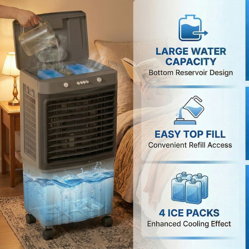 Portable Evaporative Air Cooler with 7 Gal Water Tank, 4 Ice Packs, 3 ...