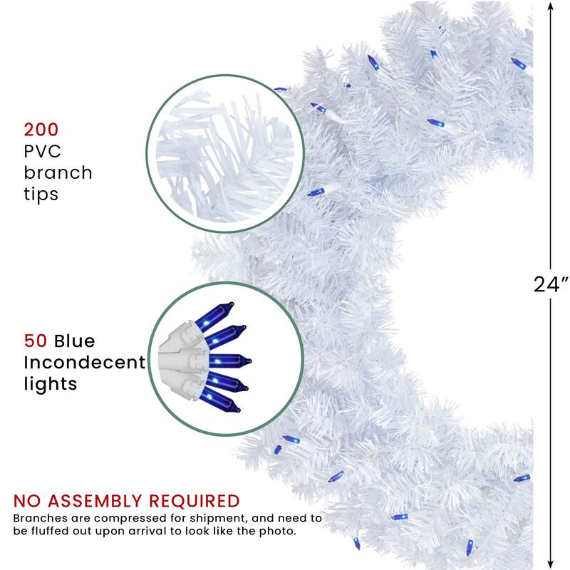 Woodbury White Pine Artificial Christmas Wreath, 24-Inch, Blue Lights