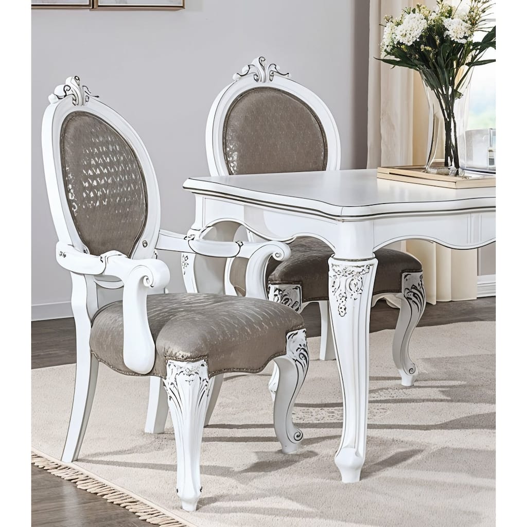 HomeRoots Set of Two Gray and White Upholstered Faux Leather And Solid Wood King Louis Back Dining Arm Chairs