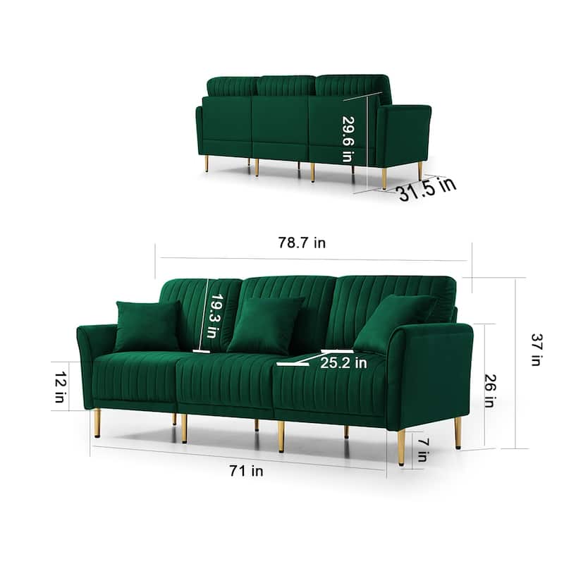 3-Seat Sofa Velvet Upholstered Living Room Tufted Back Couch Sofa with Reversible Cushions and Metal Legs, Includes Pillows
