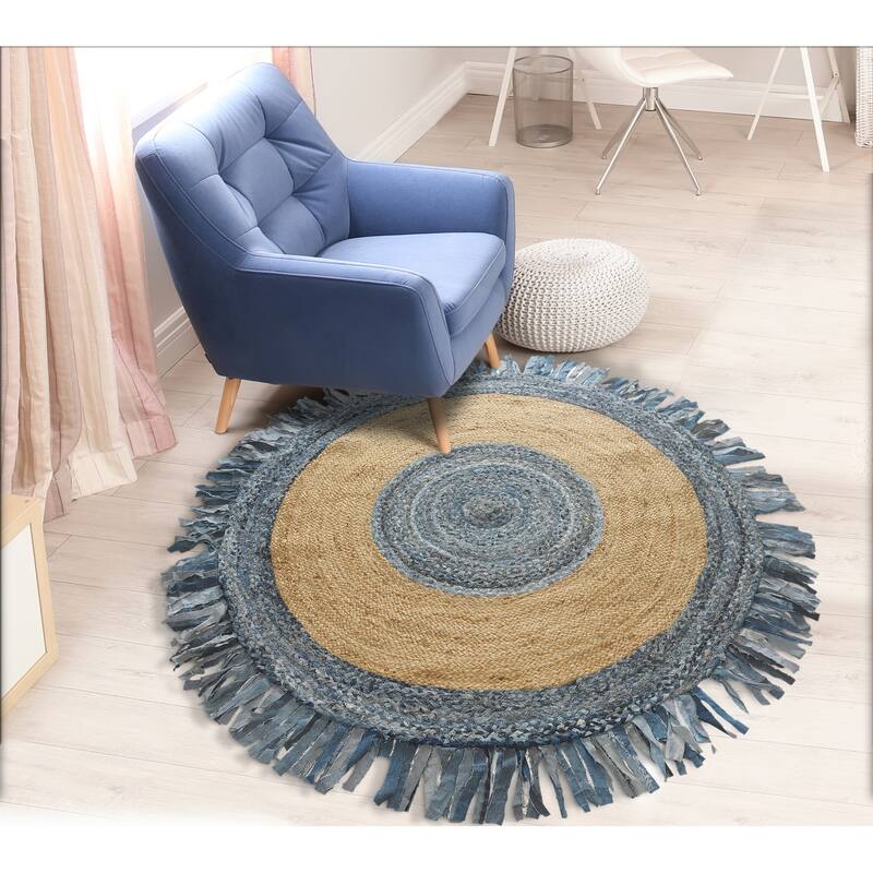 Sevita Organic Jute Braided Area Rug, Denim Blue and Natural - 5'6" Round