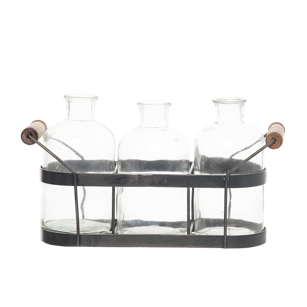 Transpac Glass 11.61 in. Black Holder with Vase Set of 4