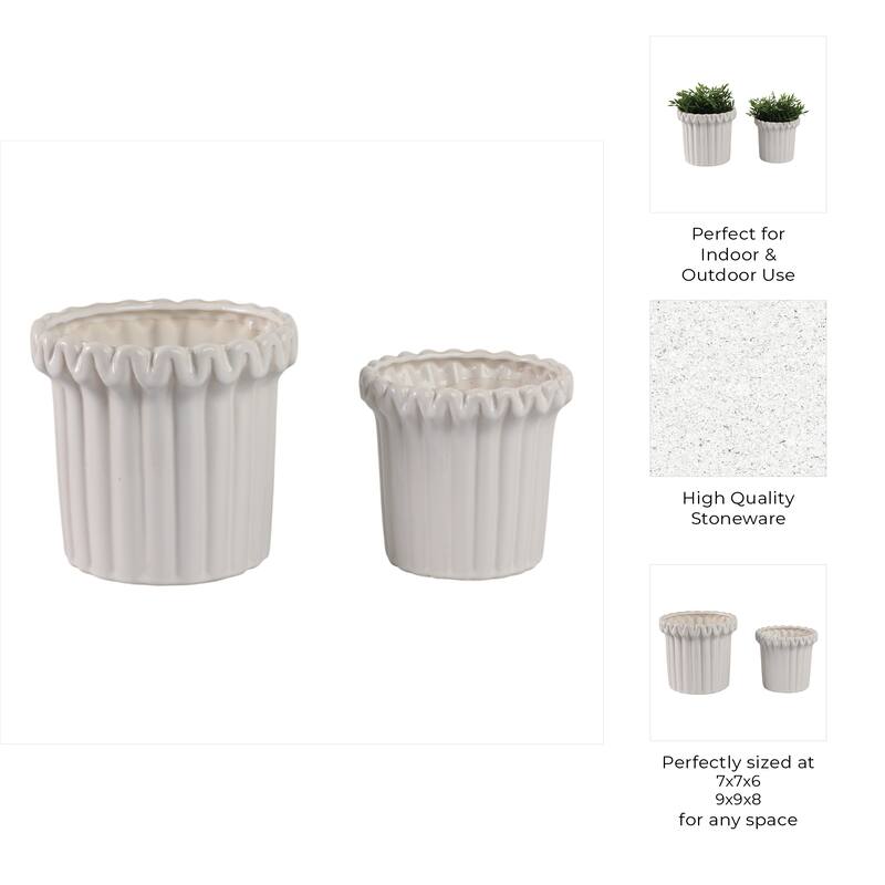 Stoneware Planter Sculpted Rim and Vertical Ridged Texture (Set of 2) - 8.5" x 8.5" x 8.75"