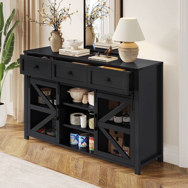 Farmhouse 55" Sideboard with 2 Sliding Barn Doors and 3 Drawers for Stylish Home Storage Solution