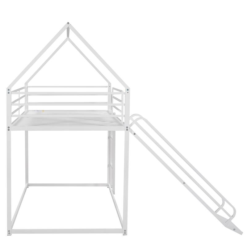 Twin Metal House Bunk Bed with Ladder, Slide, and Guardrails