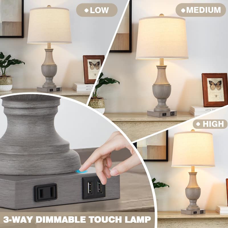 Grey Resin Table Lamps with 3-way Touch Dimming Switch USB & Type-C Charging Ports & AC Outlet (Set of 2)