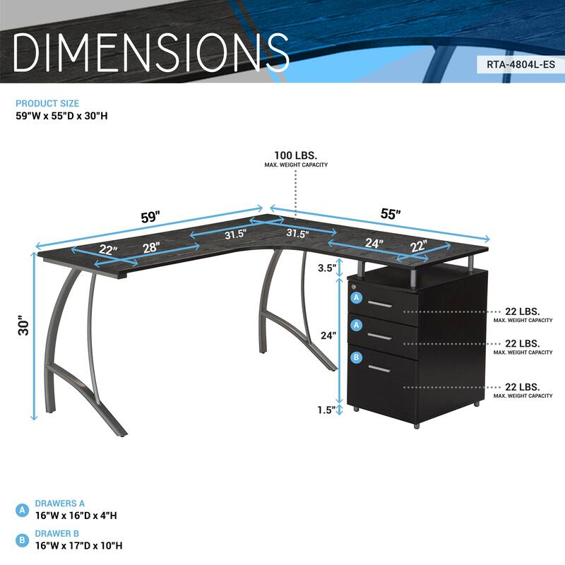 Contemporary L-Shaped Desk with Built-in Storage Cabinet, File Drawer, and Scratch-Resistant Steel Legs