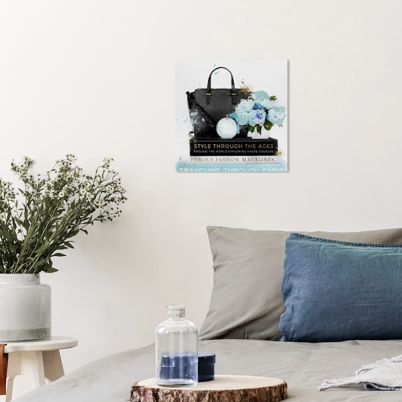 Wynwood Studio Canvas Fashion and Glam My Purse and My Essentials Blue Blue and Pastel Blue Glam Wall Art Canvas Print - 12 x 12