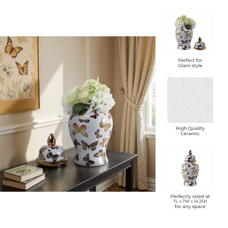 Ceramic Decorative Temple Jar with Lid and Metallic Butterfly Motif