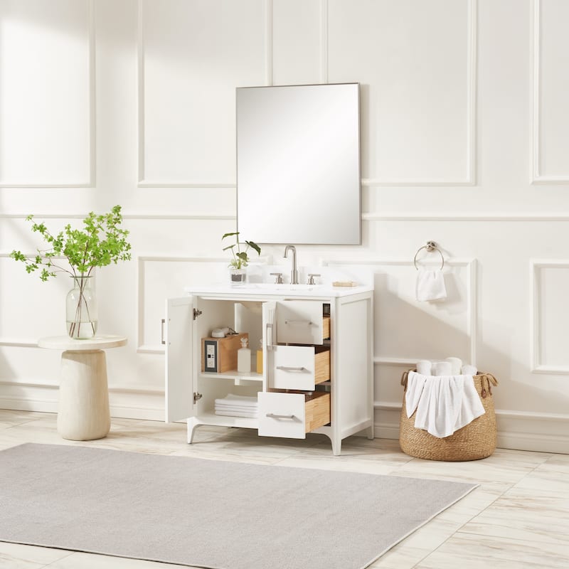 36" Solid Wood Bathroom Vanity with USB Charging Storage