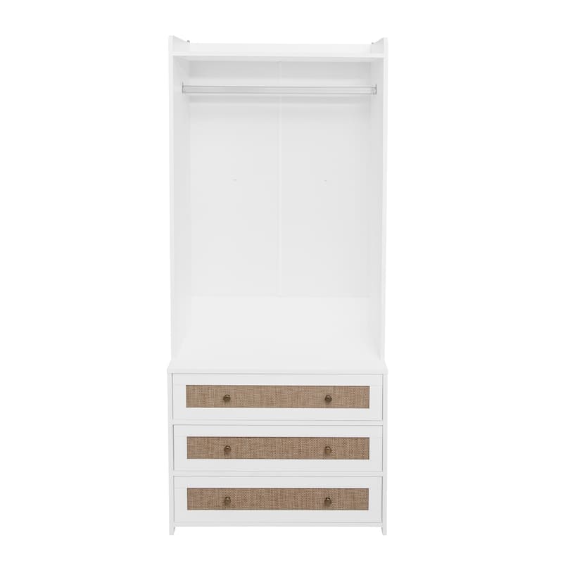 Roomfitters Wardrobe with 3 Drawers, Tall Armoire with Rattan Front, Bedroom Closet Storage Organizer, White