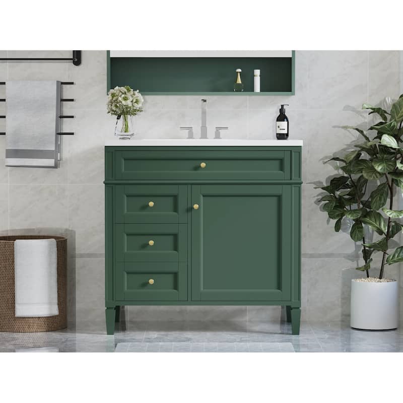 Roomfitters 36" Vanity with Sink, Cabinet with 2 Drawers and Tip-out Storage, Solid Wood Freestanding Bathroom Unit, Green