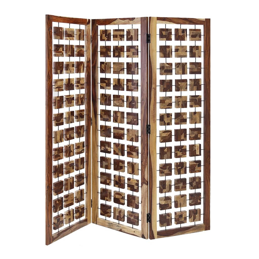 Wooden 3 Panel Room Divider with Interconnected Square Blocks, Brown