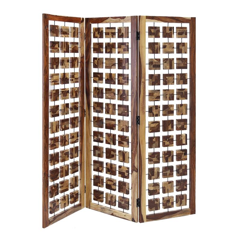 Wooden 3 Panel Room Divider with Interconnected Square Blocks, Brown