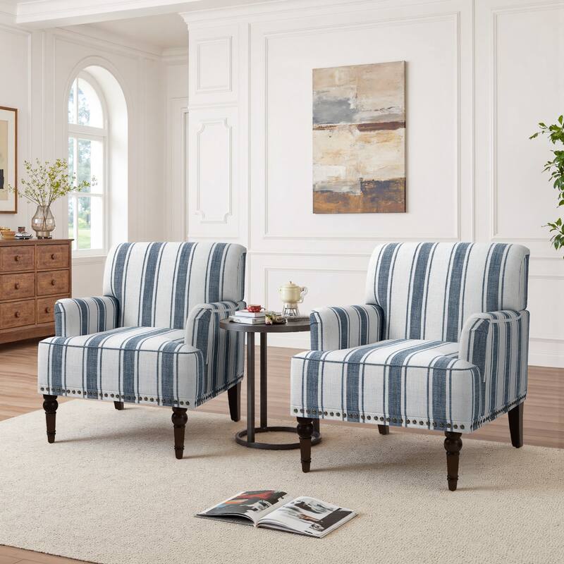 Set 2 Striped Upholstered Linen Armchair with Brass Nailhead Trim