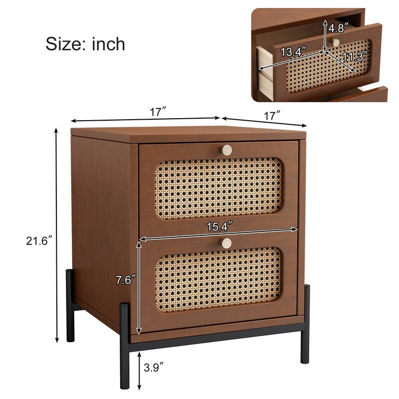 Modern Cannage Rattan Wood Closet 2-Drawer Side Table End Table Nightstand