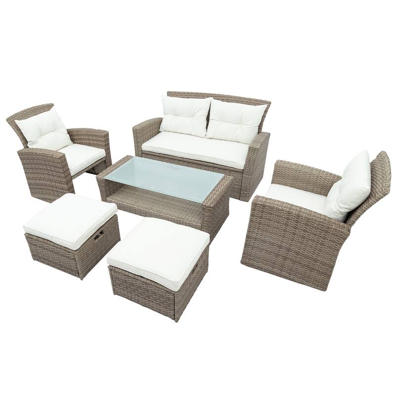 Outdoor 6-Piece Rattan Conversation Sofa Set with Glass Table & Ottoman