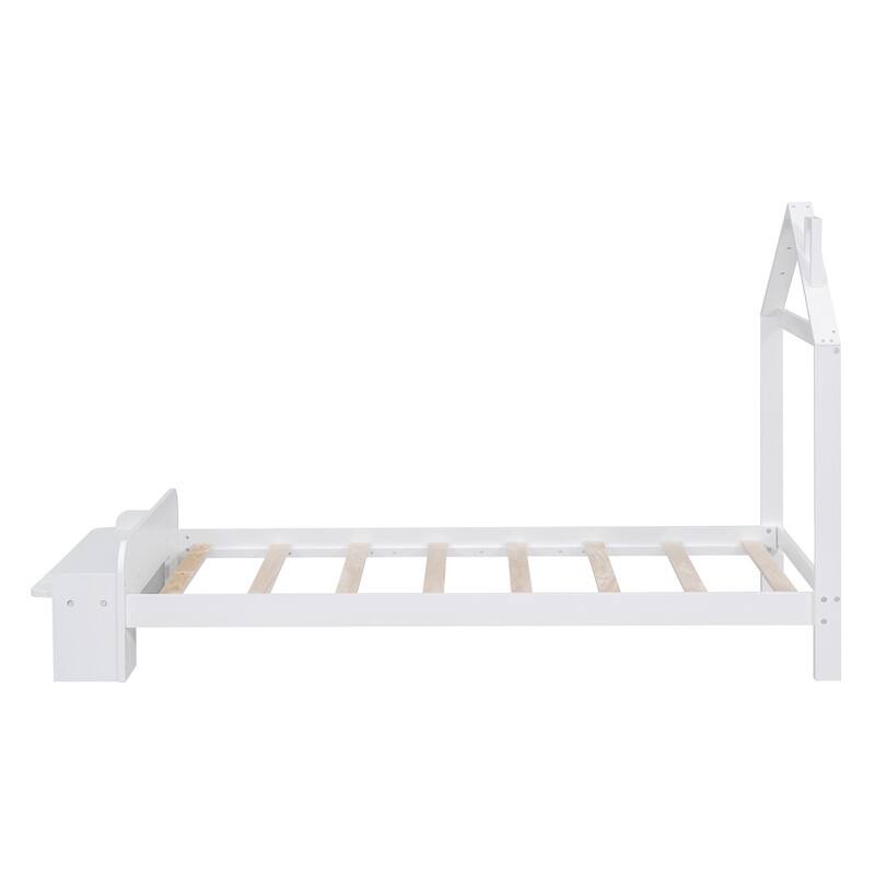 Full Size Wood Platform Bed with House-shaped Headboard and Footboard Bench