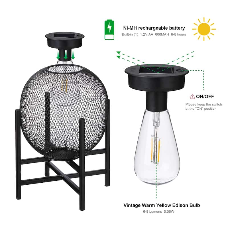 Glitzhome 11.5"H Set of 2 Mesh Edison Bulb Outdoor Solar Lantern with Stand