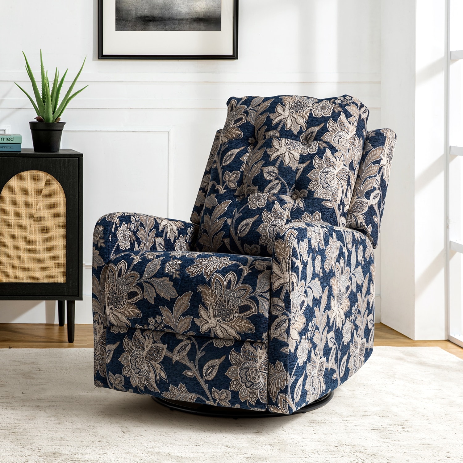 Arlette Modern Floral Manual Swivel Rocking Recliner with Tufted Ergonomic Segmented Backres and Angle Adjustment Button