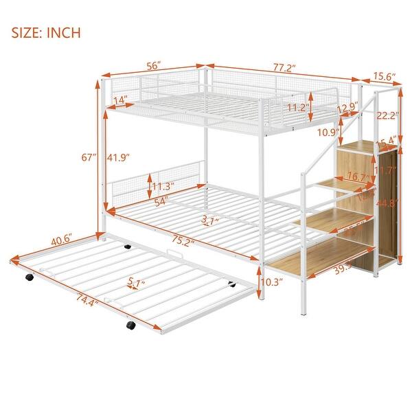 Versatile Bed Design Twin Over Full Metal Bunk Bed with Trundle and Lateral Storage Ladder and Wardrobe-White