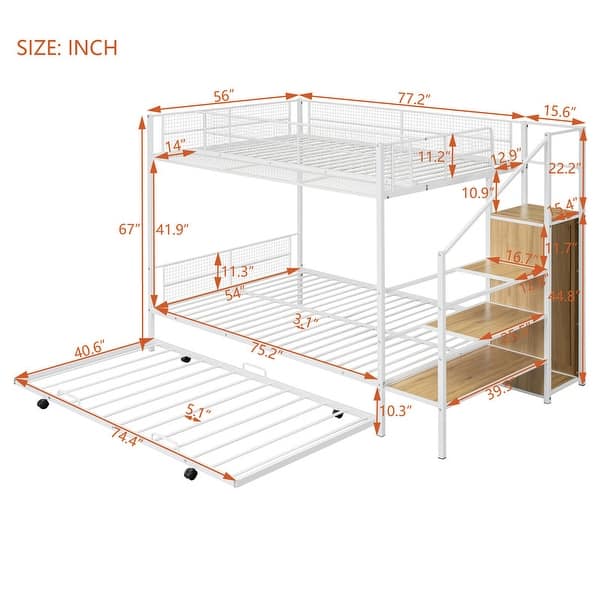 Versatile Design Twin Over Full Metal Bunk Bed with Trundle and Lateral Storage Practical Step Ladder and Built-in Wardrobe