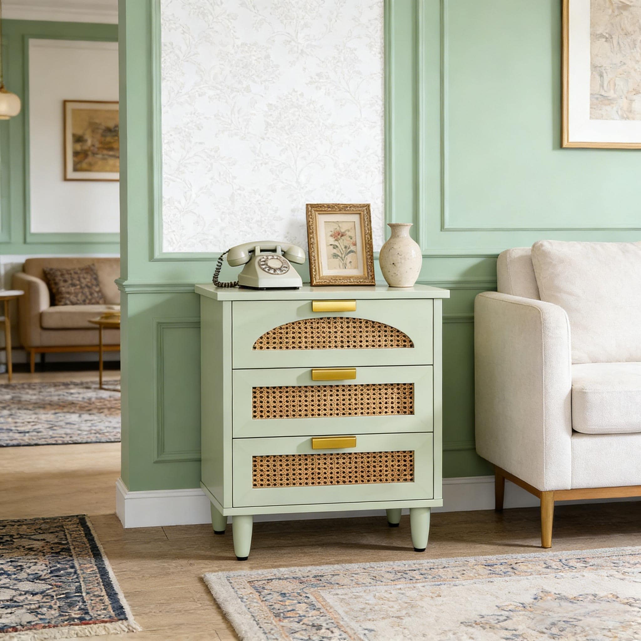 Rattan Side Table, Small Storage Cabinet, Nightstand for Living Room