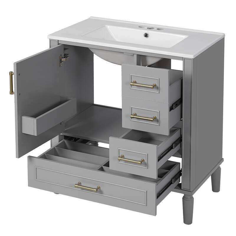 30" Ceramic Sink Bathroom Vanity with Gold Handles, Soft-Close Storage & Space-Saving Design