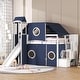 preview thumbnail 1 of 26, Twin/Full House Loft Bed with Slide and Tent, Wood Playhouse Loft Bed Bed Frame with Slide, Tower and Ladders for Boys & Girls Blue - Twin