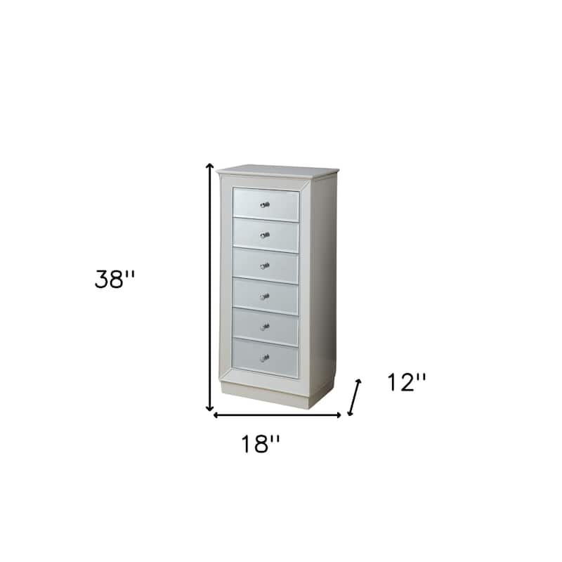 HomeRoots 38" White Six Drawer Wood and Mirrored Glass Jewelry Armoire