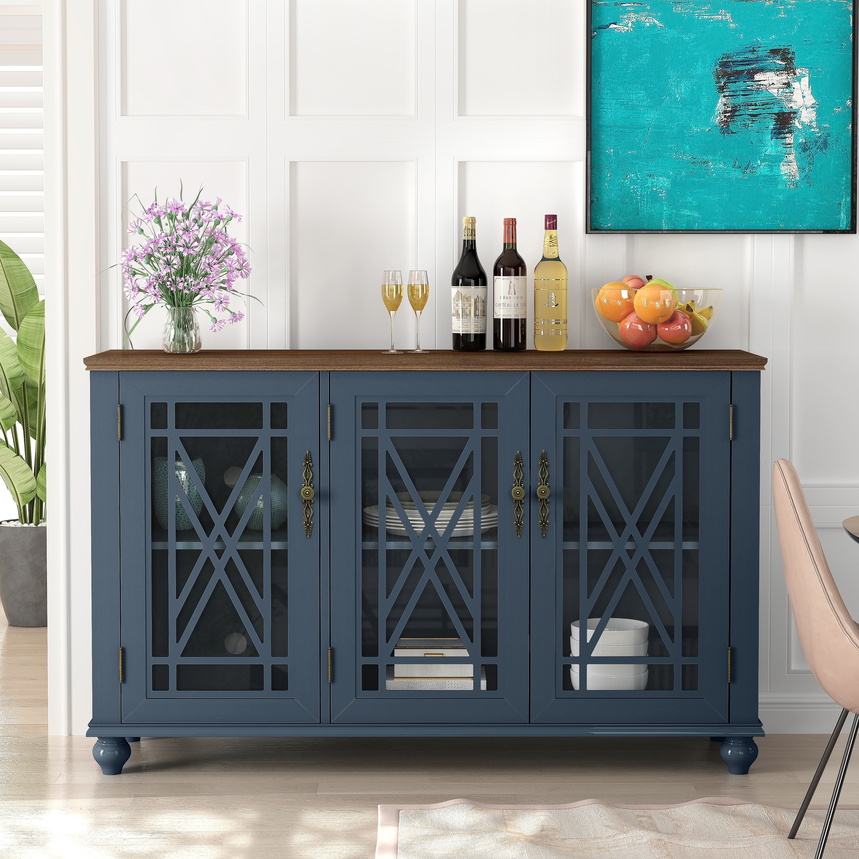55" Vintage Style Kitchen Accent Buffet Sideboard Cabinet - 55" in Width