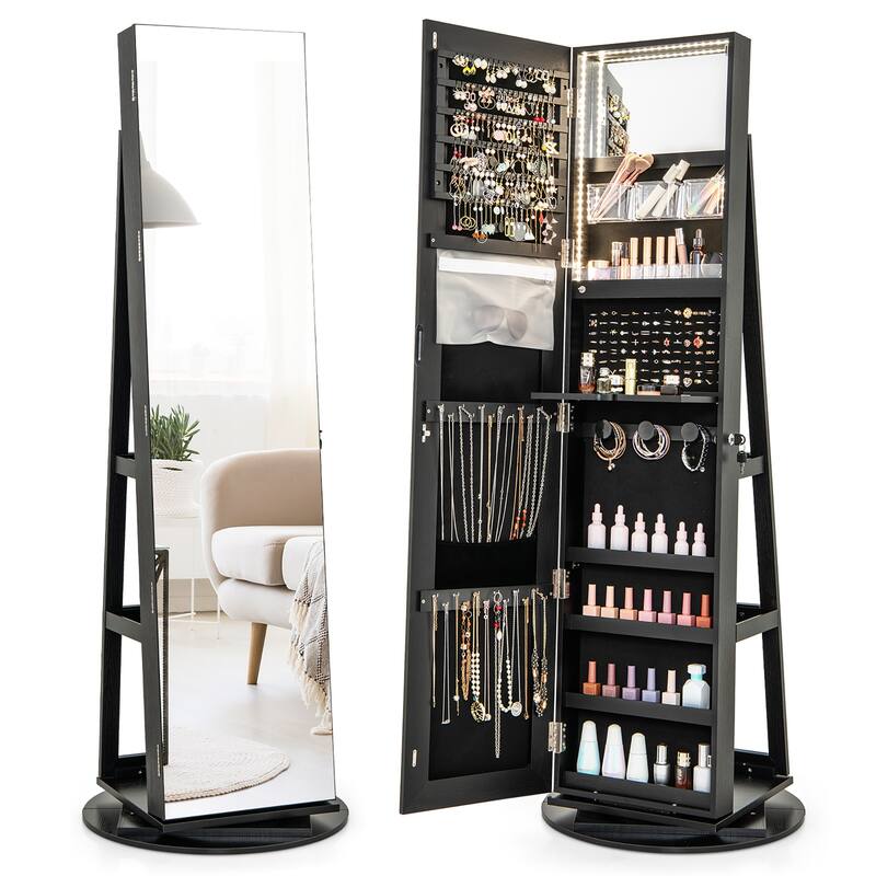 Gymax Rotating Mirrored Jewelry Cabinet Armoire 3 Color LED Modes - Black