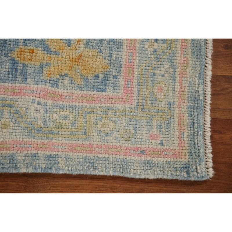 Vegetable Dye Blue Oushak Turkish Runner Rug Handmade Wool Carpet - 2'10"x 12'11"
