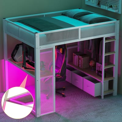 Full Size Metal Gaming Loft Bed with LED, Desk, Open Wardrobe and 3 Linen Storage Drawers, White