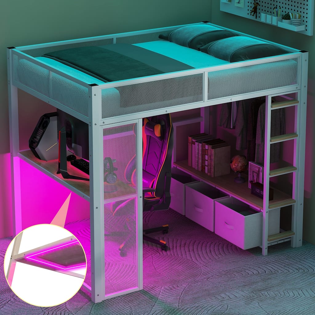 Full Size Metal Gaming Loft Bed with LED, Desk, Open Wardrobe and 3 Linen Storage Drawers, White