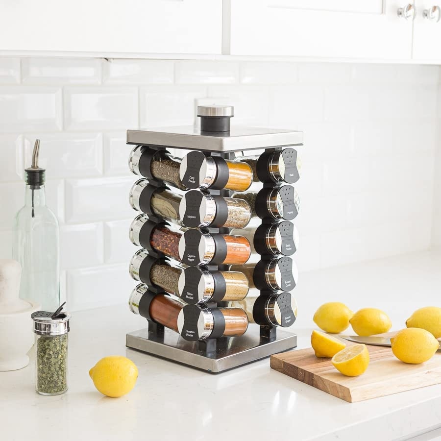 20 Jar Spice Rack with Spices Included Tower Organizer for Kitchen Spices and Seasonings Free Spice Refills