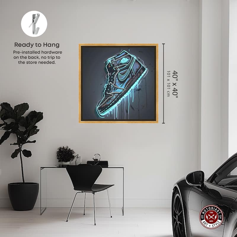 Notoriart Blue Glow Sneaker Framed Sneaker 1 Piece Canvas Wall Art