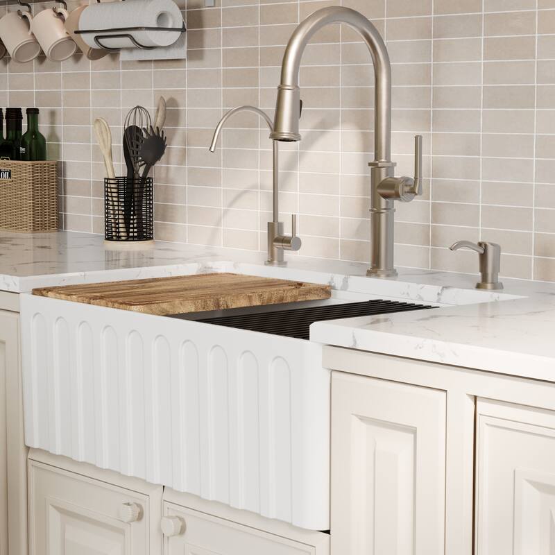 Karran 30" Single Bowl Workstation Fireclay Kitchen Sink with Reversible Fluted Apron Front