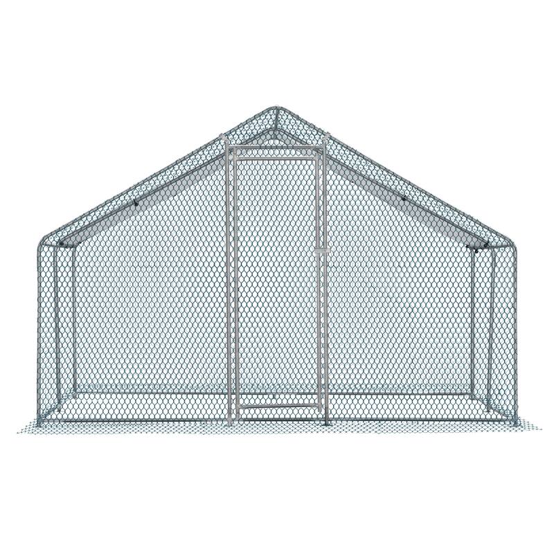 10x10 ft Metal Chicken Coop with Waterproof Cover and Lockable Door - Silver